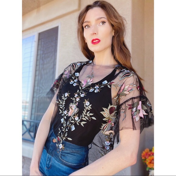 Zara Tops - 3/$20 Zara Woman Sheer Black Embroidered Tulle Blouse Top